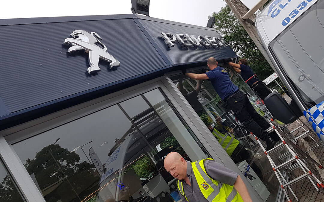 Window replacement in Car Showroom